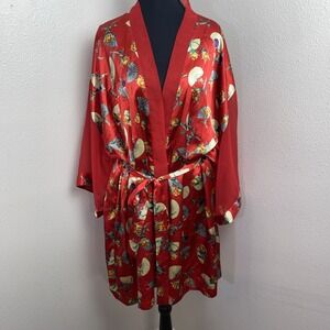 Vintage Delicates Robe Women's XL Red Floral Asian Fan Sensu Sheer Sleeve Y2K